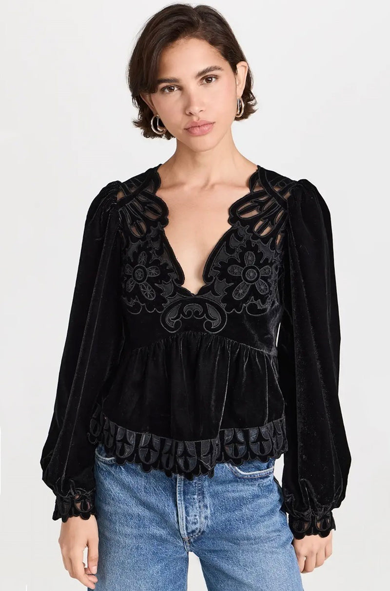 Sea Ny - Dana Embroidery Velvet Top - BLACK