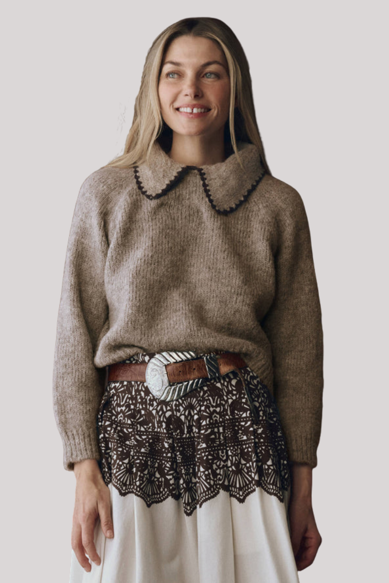 The Great - The Crochet Collar Pullover - OATBROWN