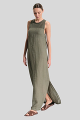Transit - Long Sleeveless Linen Dress - GREEN