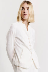 Transit - Slim Fit Mandarin Collar Linen Jacket - MILK