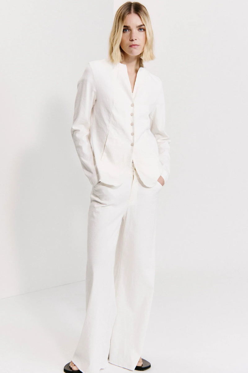 Transit - Slim Fit Mandarin Collar Linen Jacket - MILK