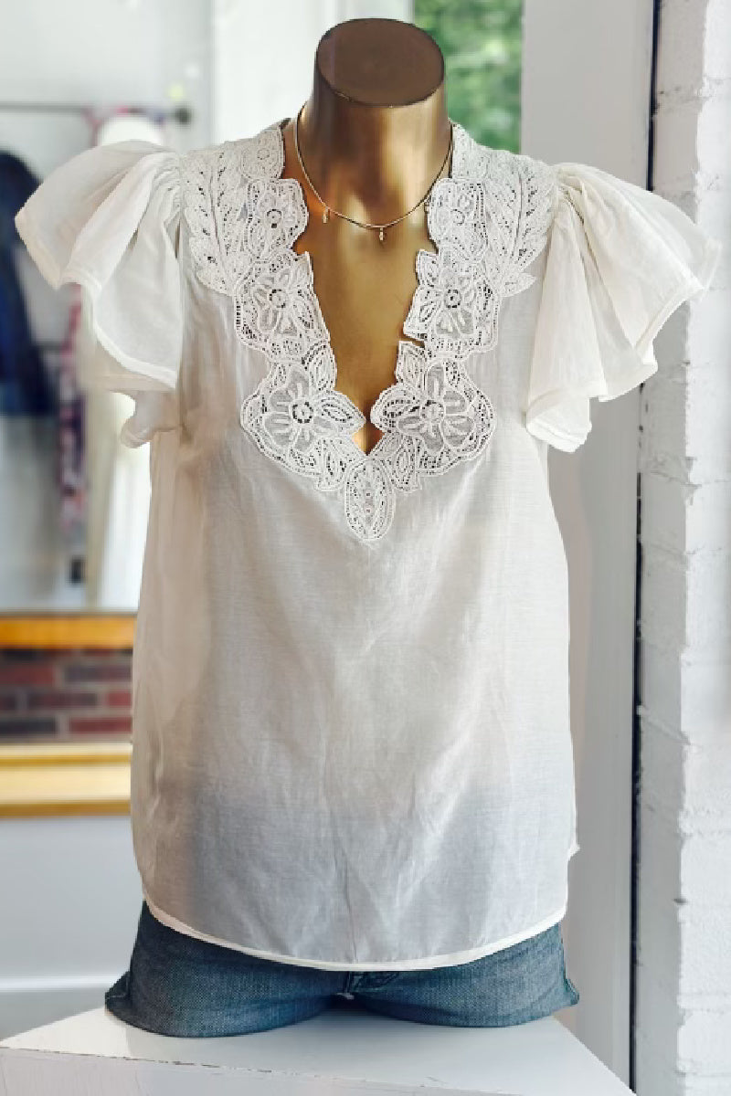 Ulla Johnson 2024 Ivory Lace Long Sleeves Lucien Blouse in Pearl Size 2 US