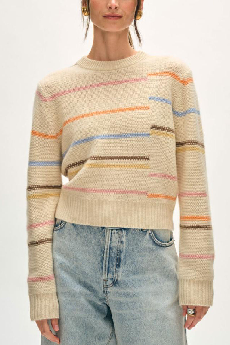 White + Warren - Cashmere Broken Stripe Crew - NATURALM