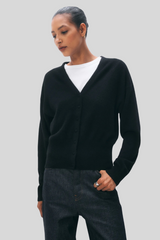 White + Warren - Cashmere Deep V Cardigan - BLACK
