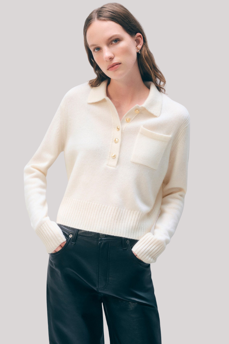 White + Warren - Cashmere Gold Button Polo - SFTWHITE