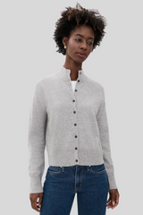 White + Warren - Cashmere High Neck Cardigan - GRYHEATH