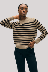 White + Warren - Cashmere Striped Crewneck - KHAKIBLK