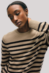 White + Warren - Cashmere Striped Crewneck - KHAKIBLK