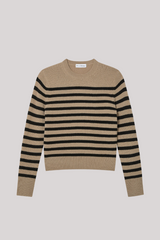 White + Warren - Cashmere Striped Crewneck - KHAKIBLK
