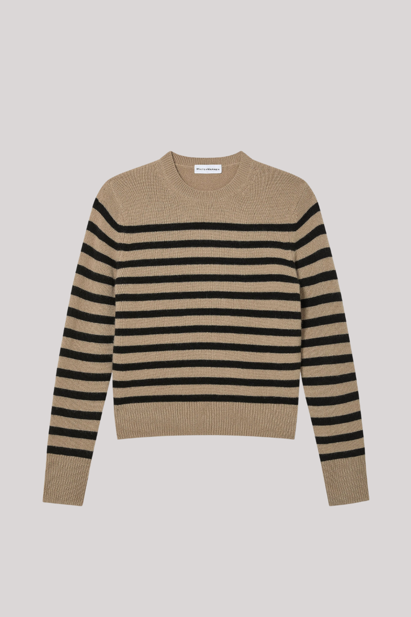 White + Warren - Cashmere Striped Crewneck - KHAKIBLK