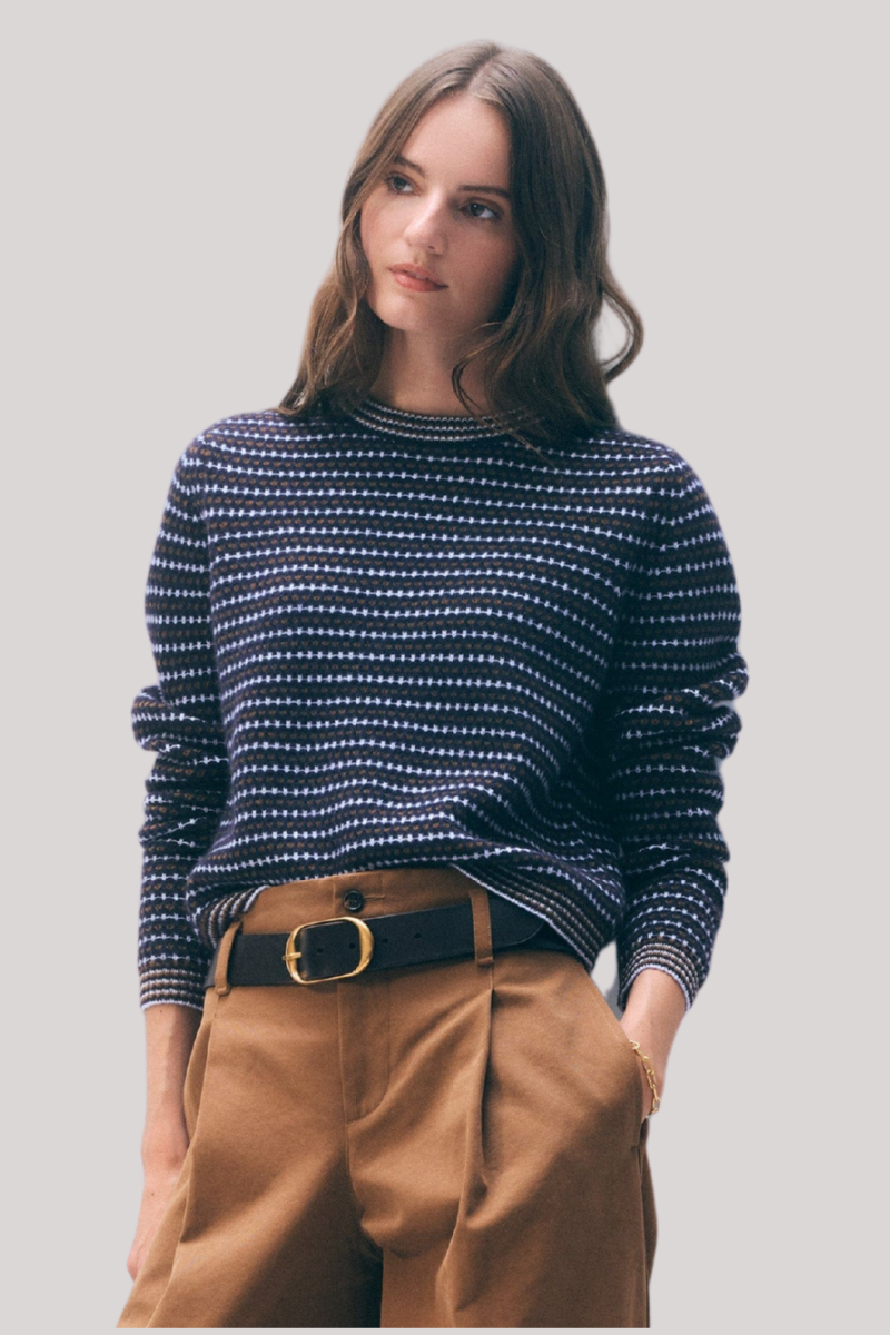 White + Warren - Cashmere Textured Stripe Crewneck - BLUCOMBO