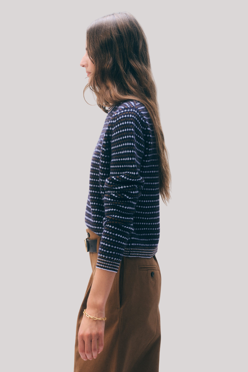 White + Warren - Cashmere Textured Stripe Crewneck - BLUCOMBO