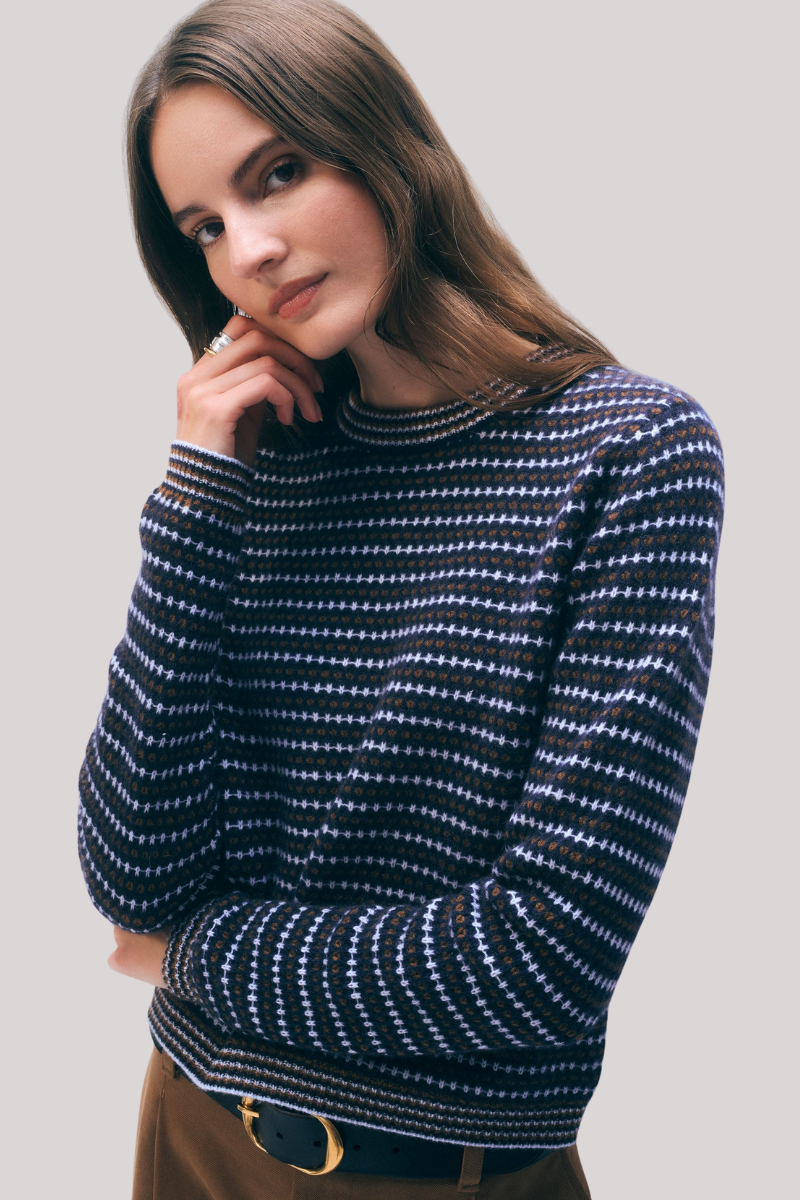 White + Warren - Cashmere Textured Stripe Crewneck - BLUCOMBO