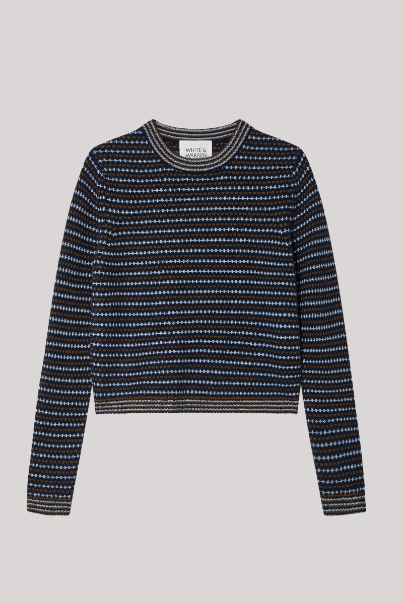 White + Warren - Cashmere Textured Stripe Crewneck - BLUCOMBO