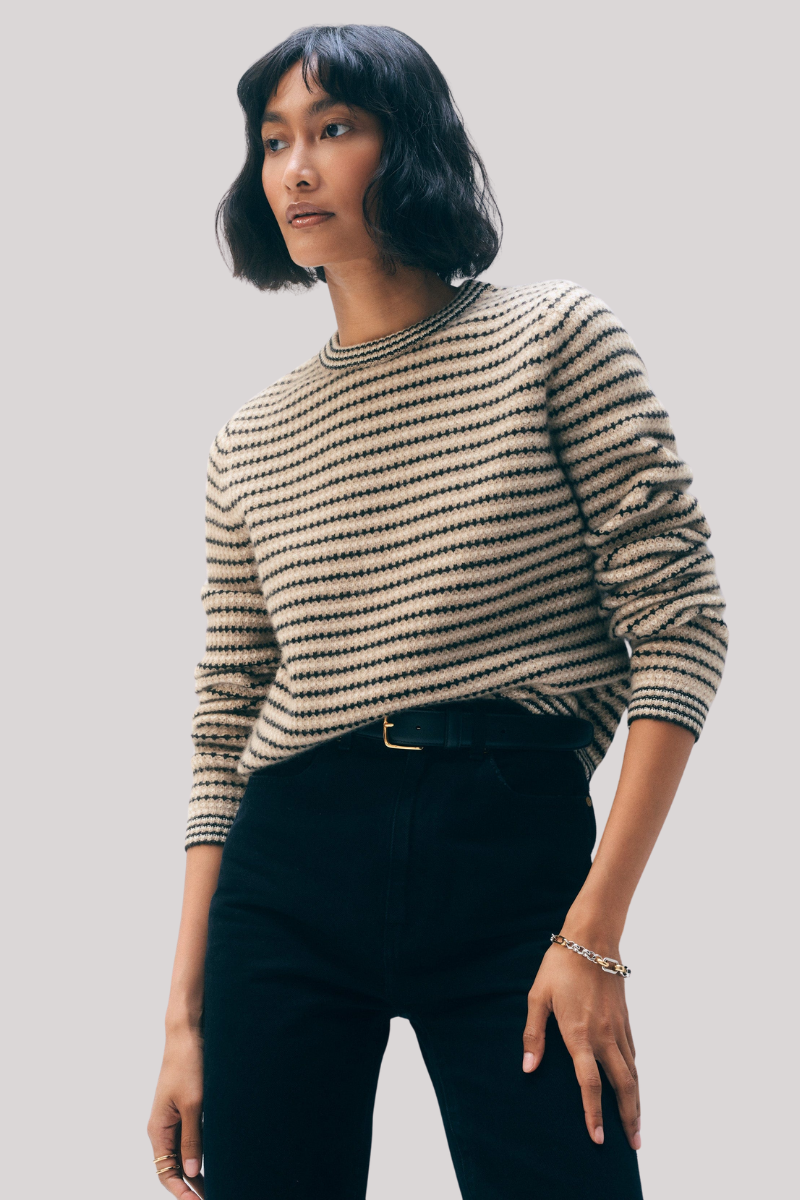 White + Warren - Cashmere Textured Stripe Crewneck - NEUTCOMB