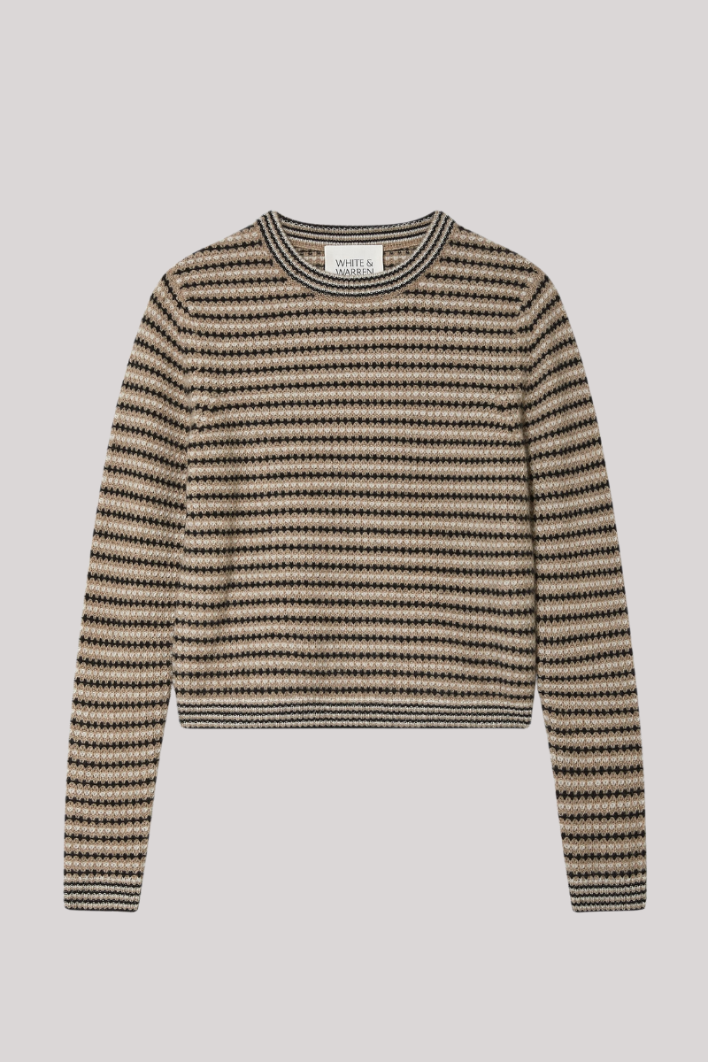 White + Warren - Cashmere Textured Stripe Crewneck - NEUTCOMB