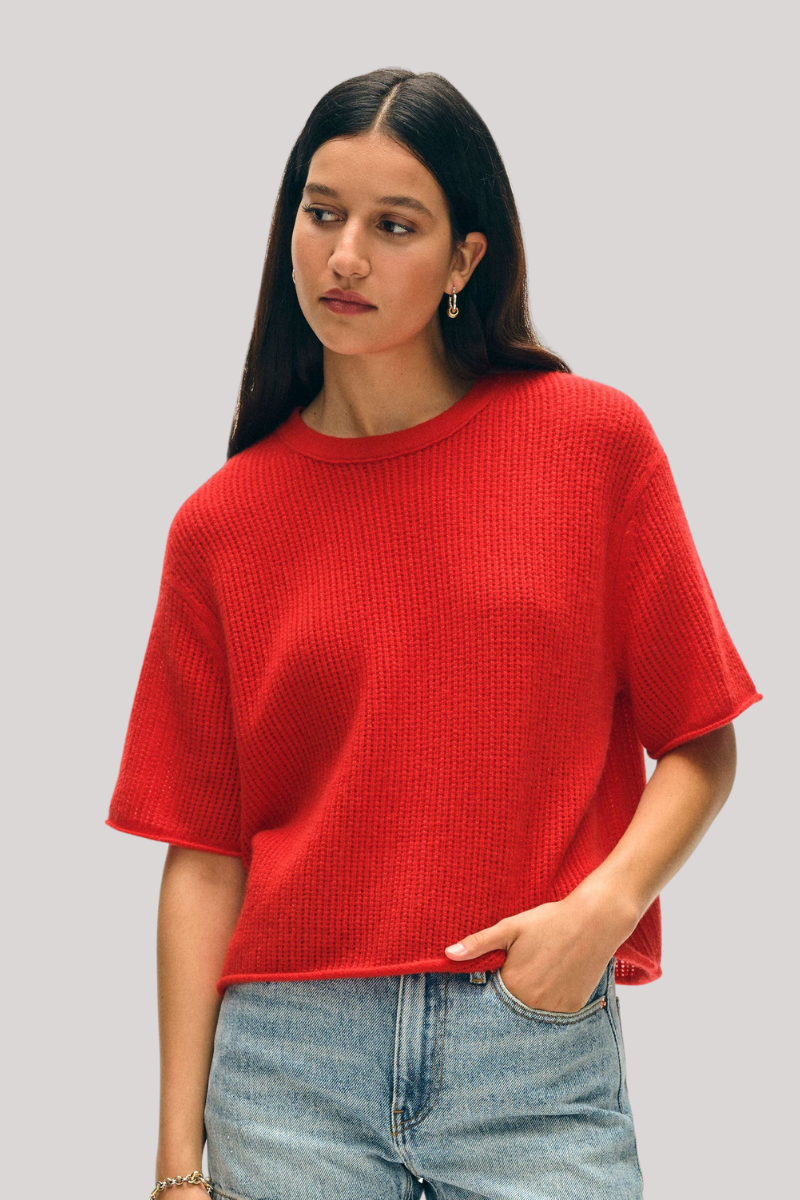 White + Warren - Cashmere Waffle Mesh Tee - FRNCHRED