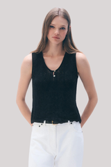 White + Warren - Cotton Pointelle Tank Top - BLACK