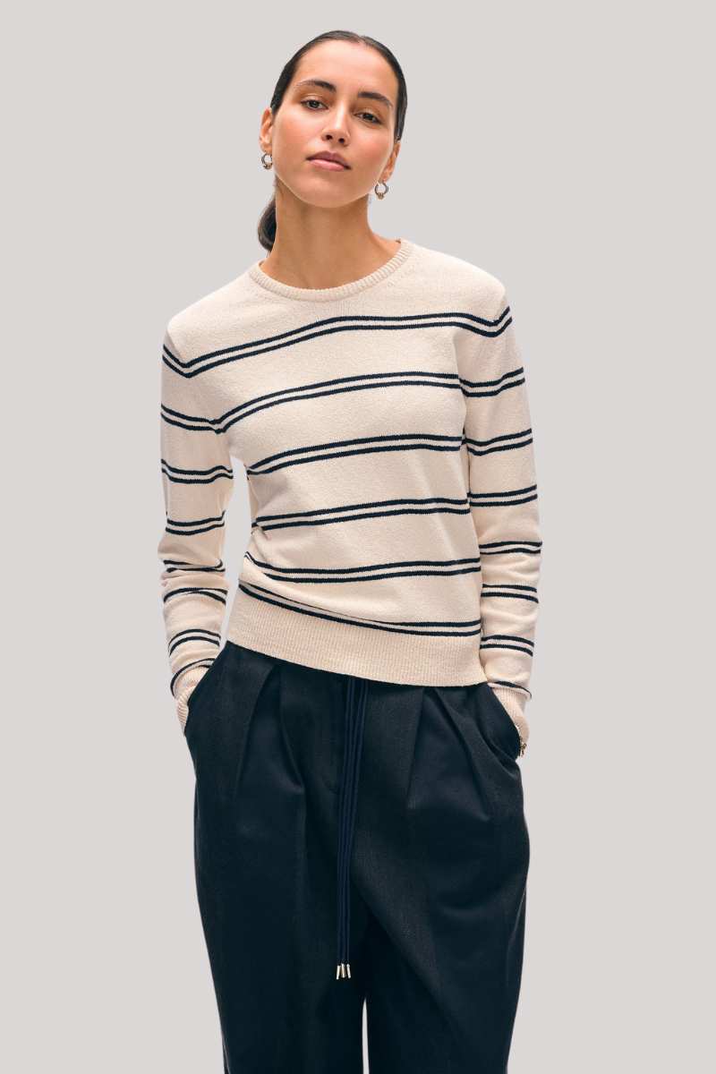 White + Warren - Fine Cotton Bouclé Striped Crewneck - IVYDPNVY
