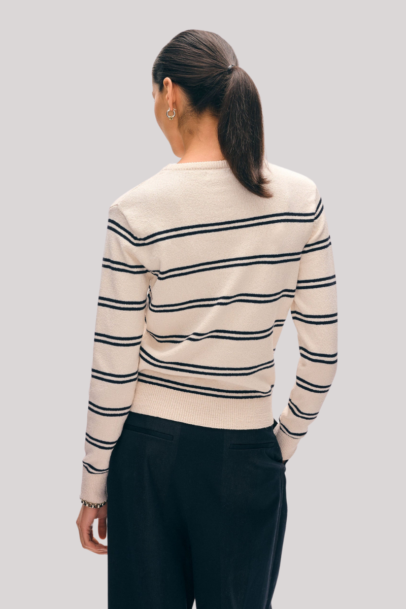 White + Warren - Fine Cotton Bouclé Striped Crewneck - IVYDPNVY