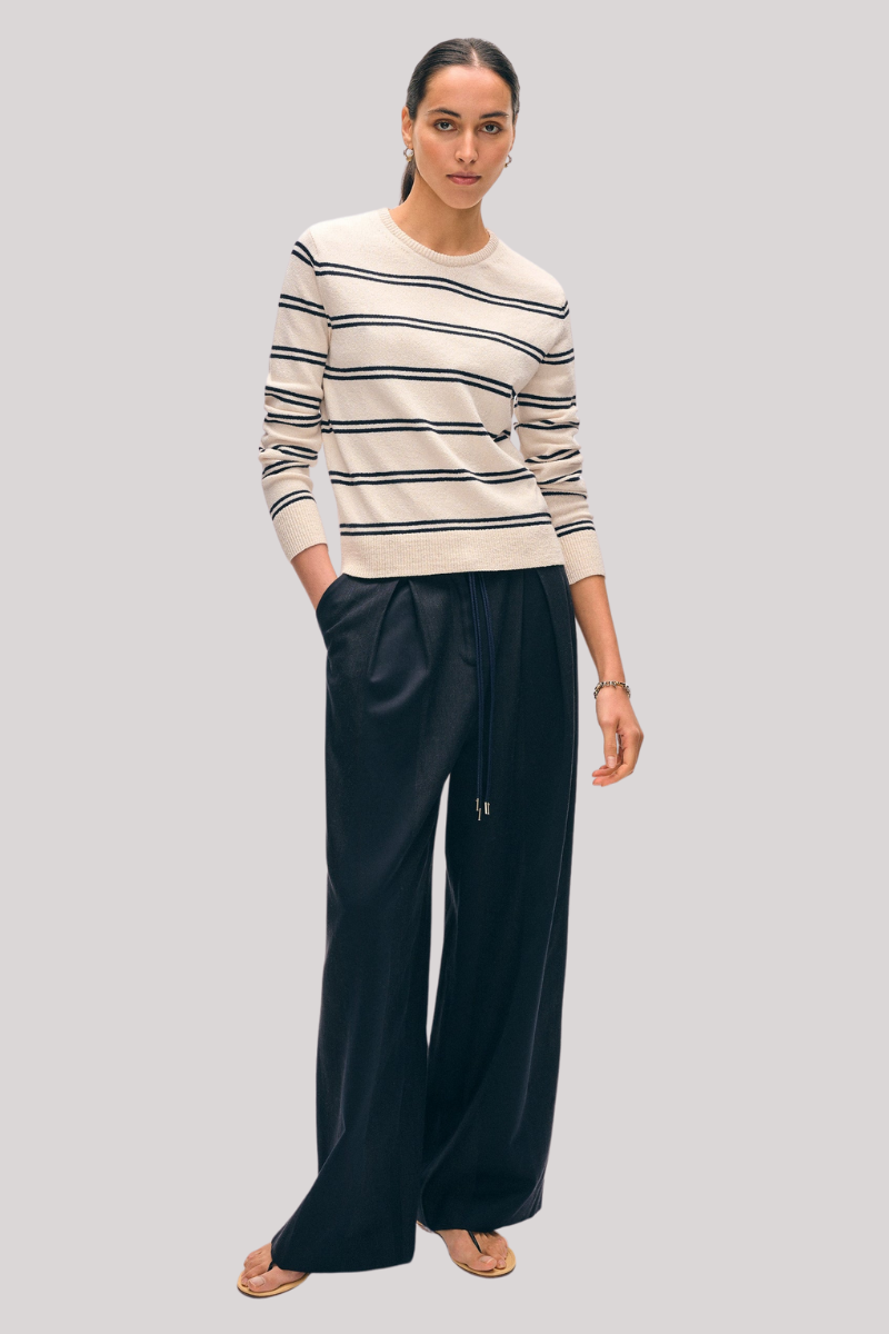 White + Warren - Fine Cotton Bouclé Striped Crewneck - IVYDPNVY