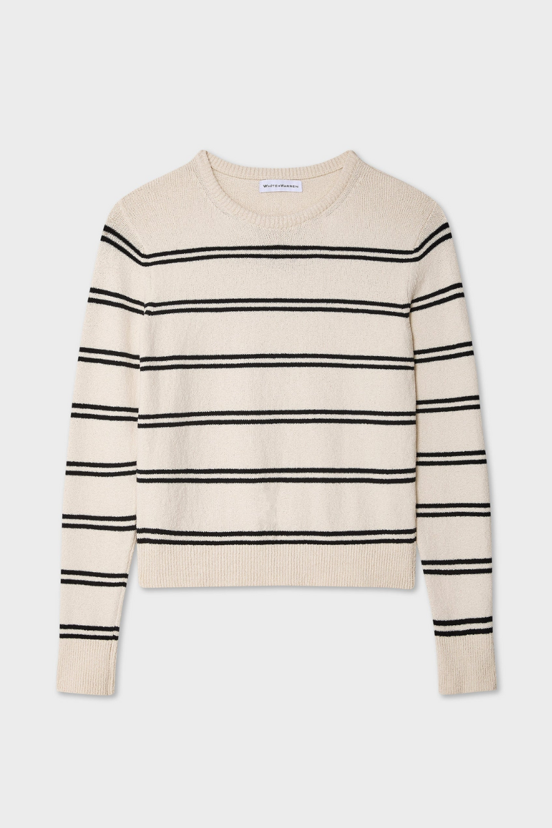 White + Warren - Fine Cotton Bouclé Striped Crewneck - IVYDPNVY