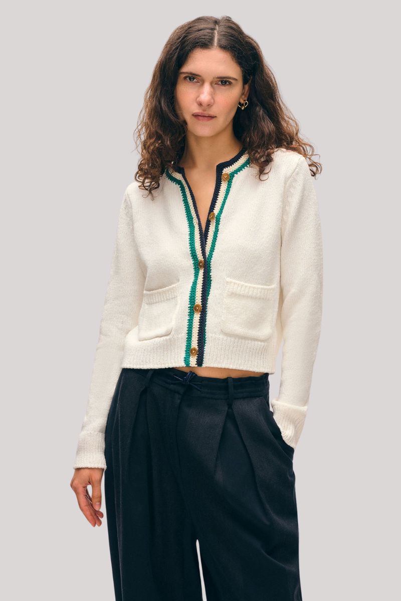 White + Warren - Lofty Cotton Crochet Trim Cardigan - IVORY
