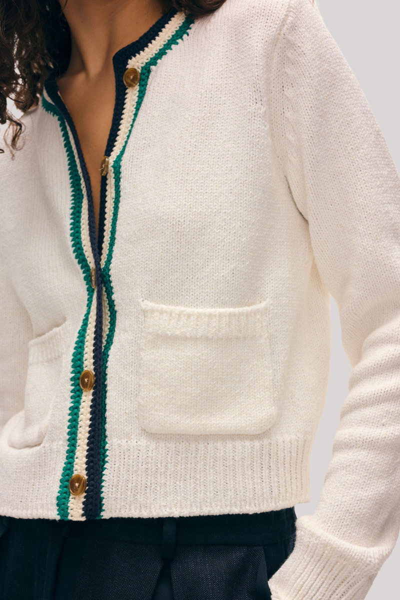 White + Warren - Lofty Cotton Crochet Trim Cardigan - IVORY