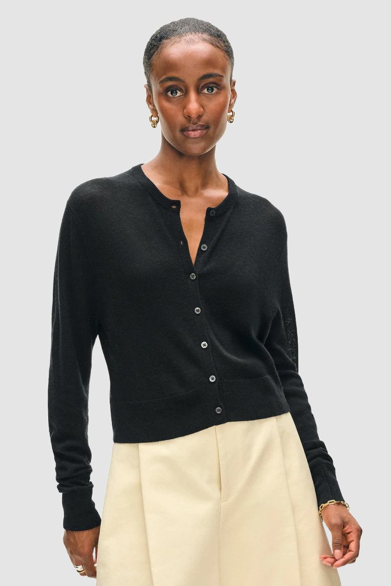 White + Warren - Superfine Cashmere Blend Button Cardigan - BLACK