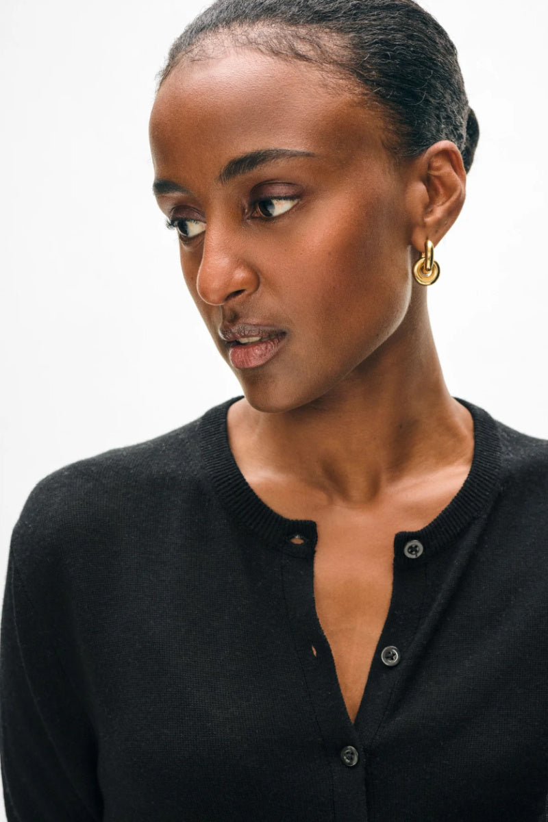 White + Warren - Superfine Cashmere Blend Button Cardigan - BLACK