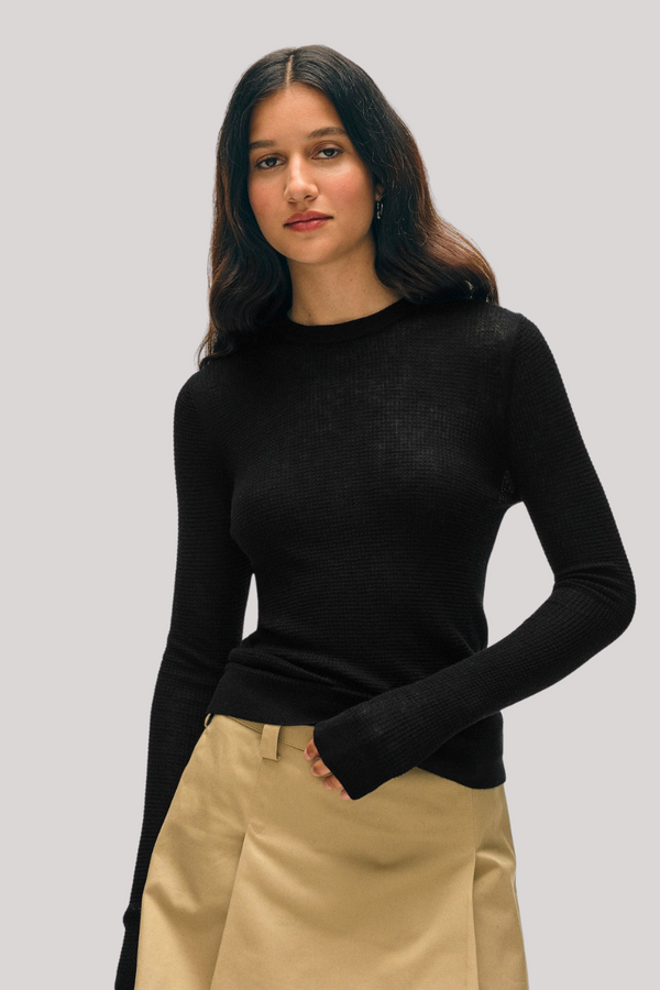 White + Warren - Superfine Cashmere Blend Waffle Crewneck  - BLACK