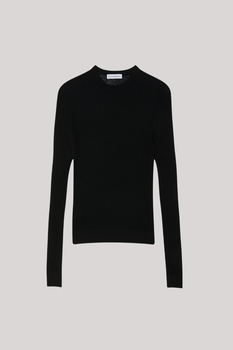 White + Warren - Superfine Cashmere Blend Waffle Crewneck  - BLACK